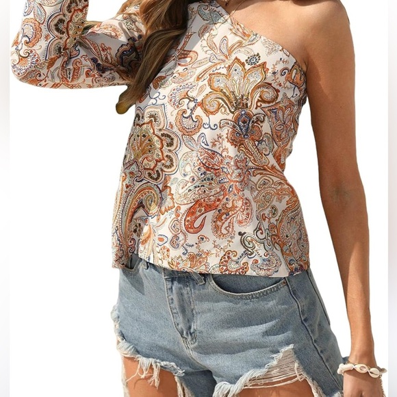 Floerns Boho One Shoulder Floral Print Paisley Print One-Shoulder Top Sz M Women - Picture 3 of 5